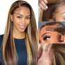 Maxglam Wig Highlight P4/27 Human Hair Ombre Brown Peruvian Bone Straight Lace Front Human Hair Wigs For Women 5x5 Lace Frontal Wigs Pre Plucked Pre Cut 200% Density